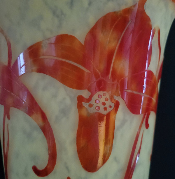 C.SCHNEIDER  vase art déco "orchidées" Signé Le Verre Français 1924-1927