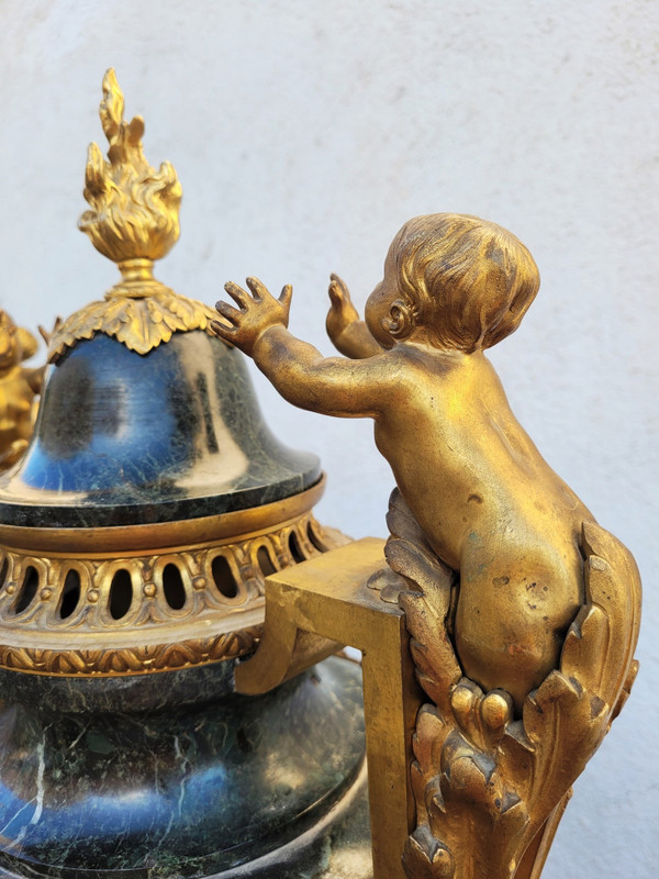 Pair Of Large Bronze And Marble Cassolettes, Napoleon III, 19th Century