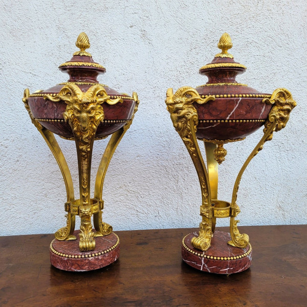 Pair Of Red Marble And Bronze Cassolettes, 19th Century