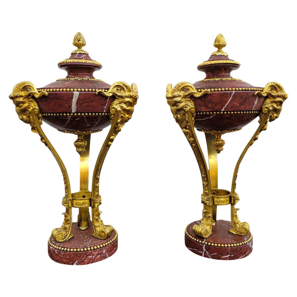 Pair Of Red Marble And Bronze Cassolettes, 19th Century