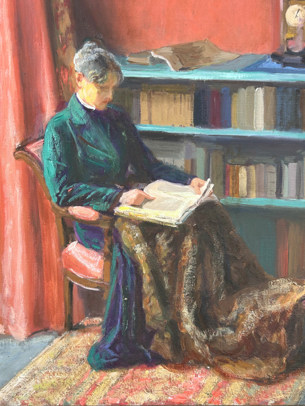 Mèryem Cardot XXéme Huile Sur Toile - Scène D'intérieur - Femme à La Lecture About 1940