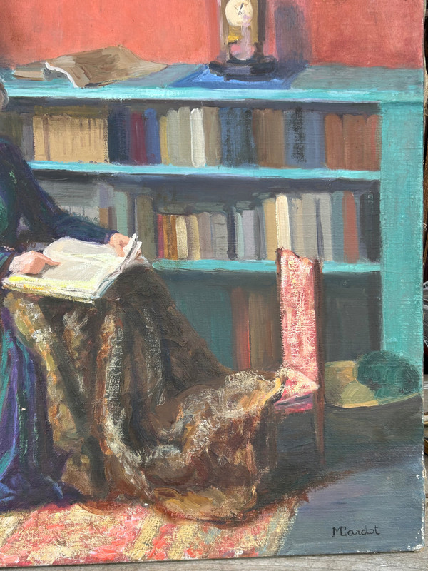 Mèryem Cardot XXéme Huile Sur Toile - Scène D'intérieur - Femme à La Lecture About 1940