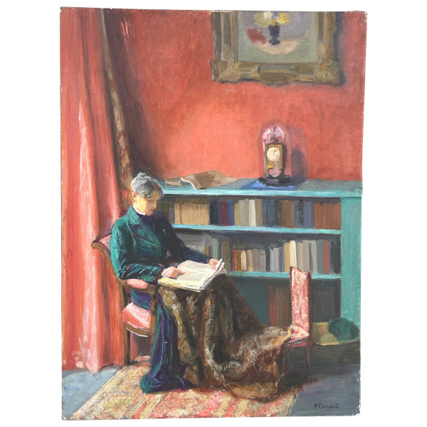 Mèryem Cardot XXéme Huile Sur Toile - Scène D'intérieur - Femme à La Lecture About 1940