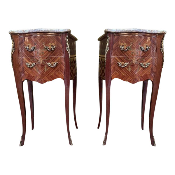 Pair of Louis XV/Transition style bedside tables in marquetry