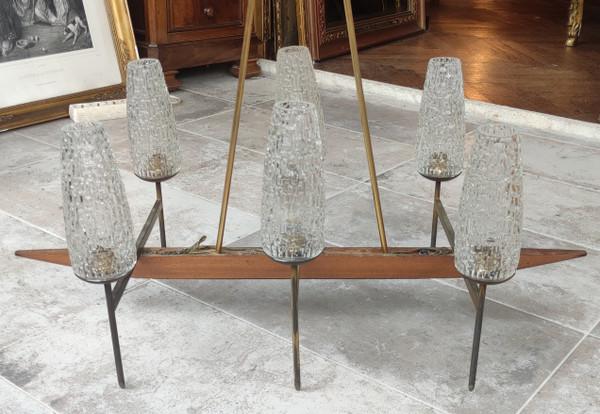 Ancien grand lustre suspension  design 6 feux  De la maison LUNEL, 