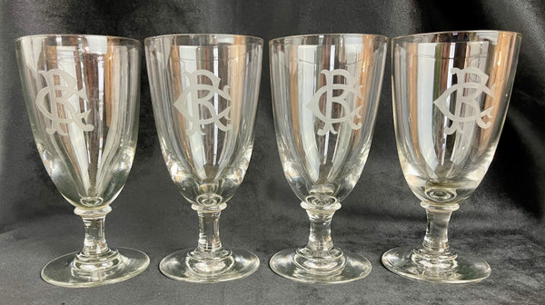 Superb Set of 4 Red Wine Glasses in Crystal Monogrammed "CR" - 19th Century