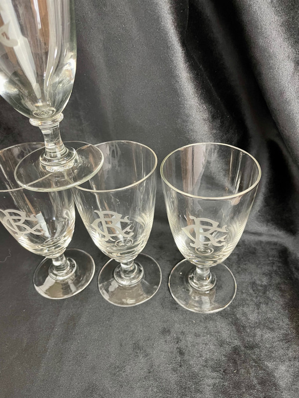 Superb Set of 4 Red Wine Glasses in Crystal Monogrammed "CR" - 19th Century