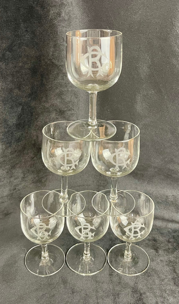 Lot de 6 Verres à Vin Blanc en Cristal Monogrammé "CR" – 19ème Siècle