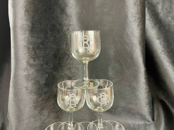 Lot de 6 Verres à Vin Blanc en Cristal Monogrammé "CR" – 19ème Siècle