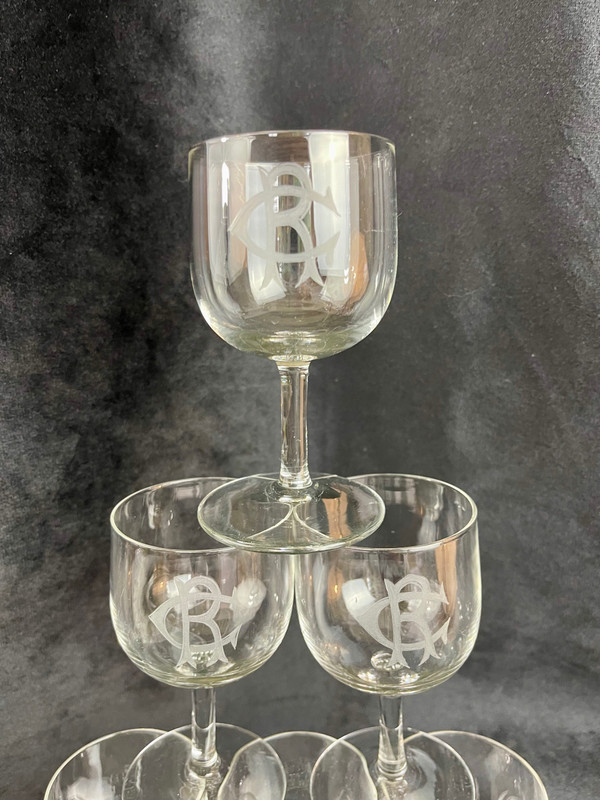 Lot de 6 Verres à Vin Blanc en Cristal Monogrammé "CR" – 19ème Siècle