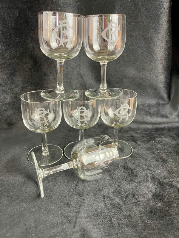 Lot de 6 Verres à Vin Blanc en Cristal Monogrammé "CR" – 19ème Siècle