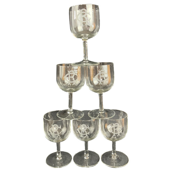 Lot de 6 Verres à Vin Blanc en Cristal Monogrammé "CR" – 19ème Siècle