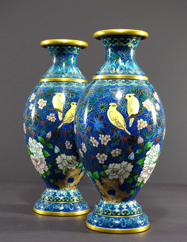 China, 1950s/1960s, Pair Of Cloisonné Enamel Baluster Form Vases with Floral Design.