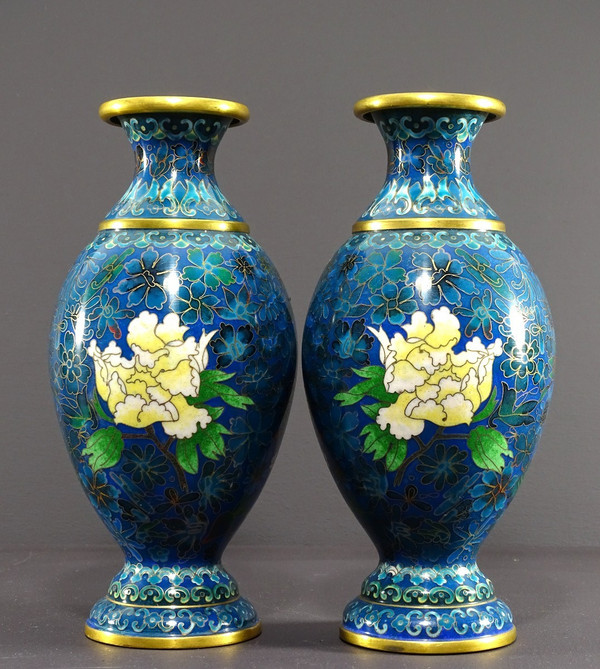 China, 1950s/1960s, Pair Of Cloisonné Enamel Baluster Form Vases with Floral Design.