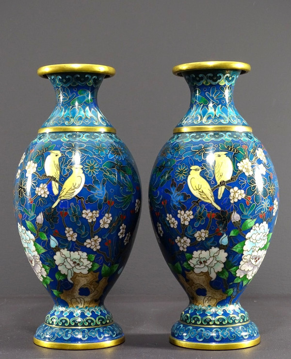 China, 1950s/1960s, Pair Of Cloisonné Enamel Baluster Form Vases with Floral Design.