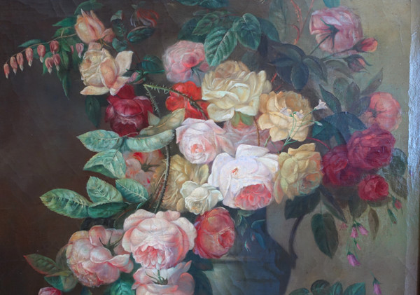 Bouquet di fiori / rose, natura morta - Scuola di Lione, XIX secolo - 104 cm x 76,5 cm