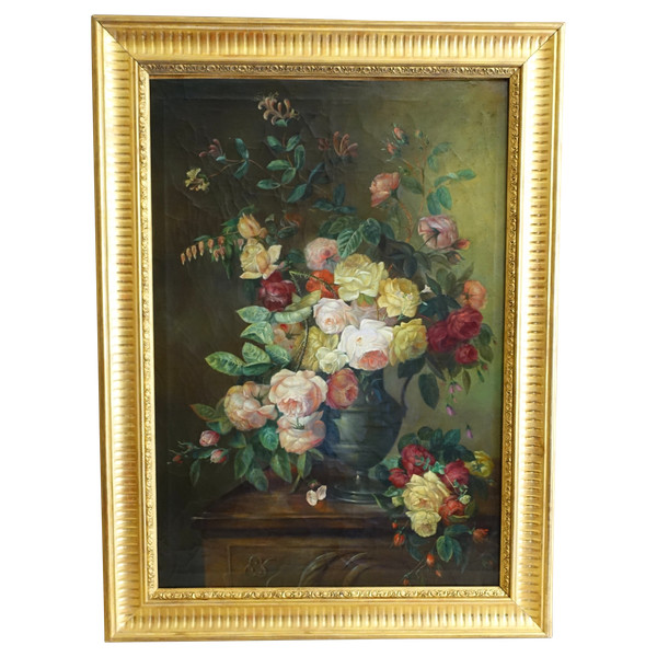 Bouquet di fiori / rose, natura morta - Scuola di Lione, XIX secolo - 104 cm x 76,5 cm