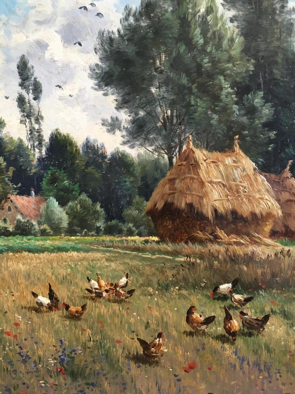 Armand Guery , Paesaggio di campagna, macine, galline, villaggio di Pontgivart, Reims, Marna, Champagne