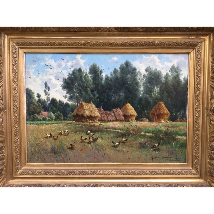 Armand Guery , Paesaggio di campagna, macine, galline, villaggio di Pontgivart, Reims, Marna, Champagne