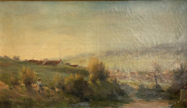 Paysage De Campagne Fin XIXème, Pêcheur à La Rivière, Signé Georges Lavaux, Cadre Doré