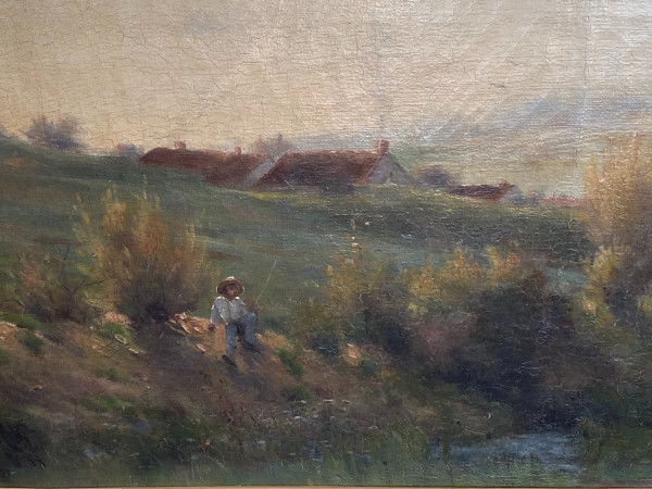 Paysage De Campagne Fin XIXème, Pêcheur à La Rivière, Signé Georges Lavaux, Cadre Doré