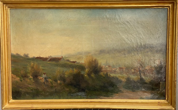 Paysage De Campagne Fin XIXème, Pêcheur à La Rivière, Signé Georges Lavaux, Cadre Doré