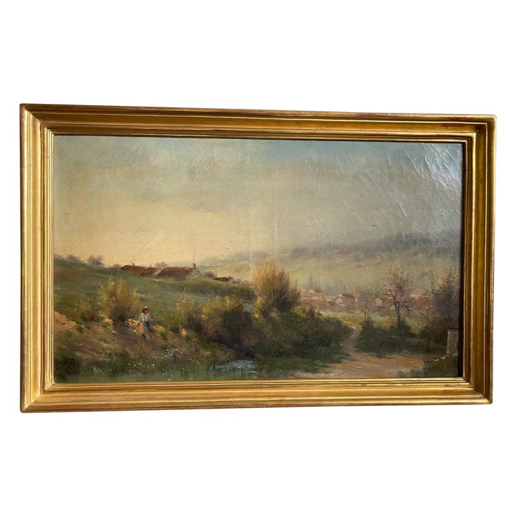 Paysage De Campagne Fin XIXème, Pêcheur à La Rivière, Signé Georges Lavaux, Cadre Doré