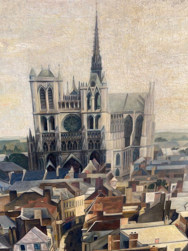 Grande Vue D Amiens Vers 1950, Huile Sur Toile, Somme, Cathédrale,Toitures