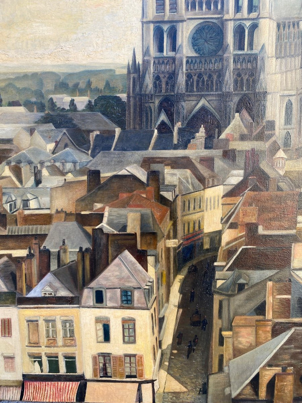 Grande Vue D Amiens Vers 1950, Huile Sur Toile, Somme, Cathédrale,Toitures