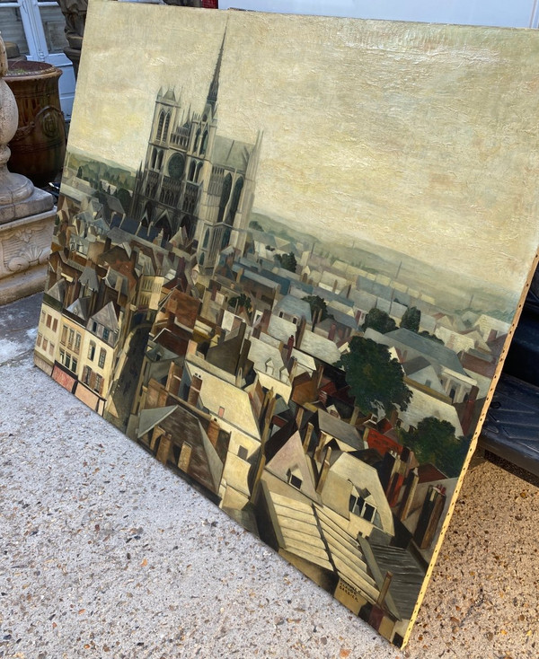 Grande Vue D Amiens Vers 1950, Huile Sur Toile, Somme, Cathédrale,Toitures