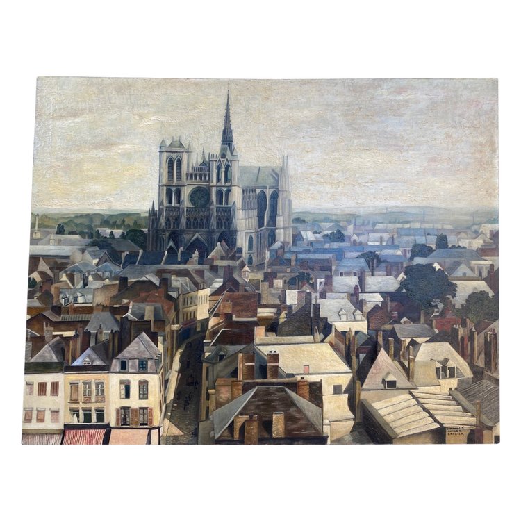 Grande Vue D Amiens Vers 1950, Huile Sur Toile, Somme, Cathédrale,Toitures