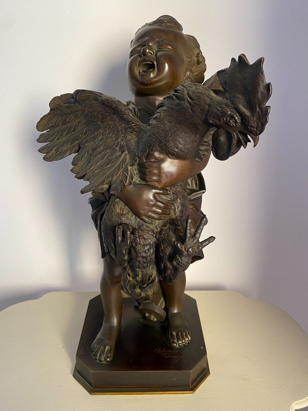 Large 19th-century Bronze Sculpture, "L'enfant au coq" signed Adriano CECIONI (1838-1886)