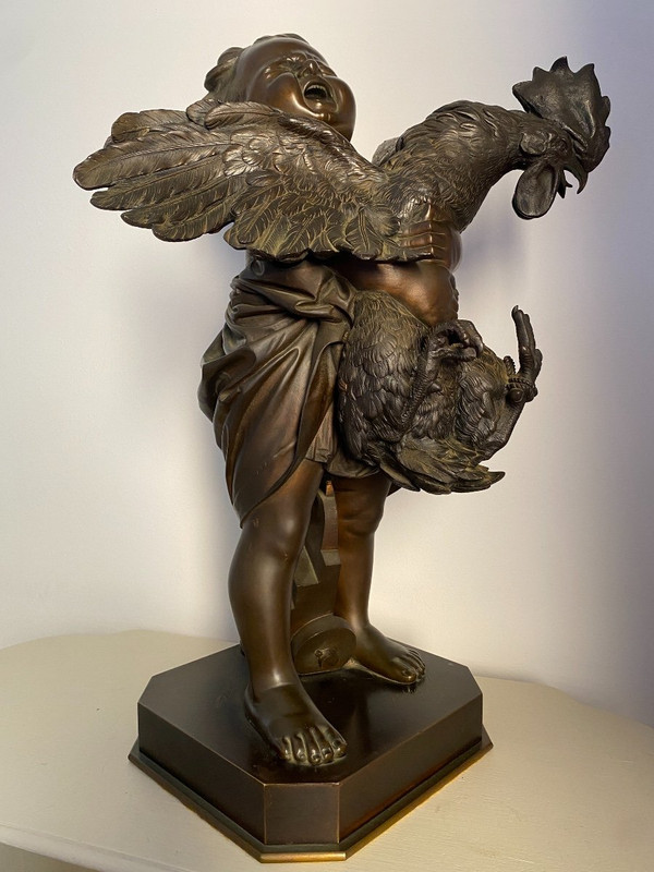 Large 19th-century Bronze Sculpture, "L'enfant au coq" signed Adriano CECIONI (1838-1886)