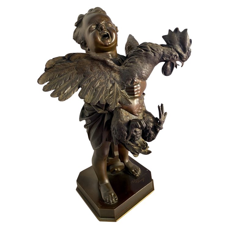 Large 19th-century Bronze Sculpture, "L'enfant au coq" signed Adriano CECIONI (1838-1886)