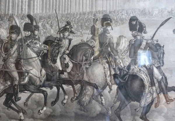 Grande gravure napoléonienne : revue du Général Bonaparte 1er Consul aux Tuileries, Vernet Isabey