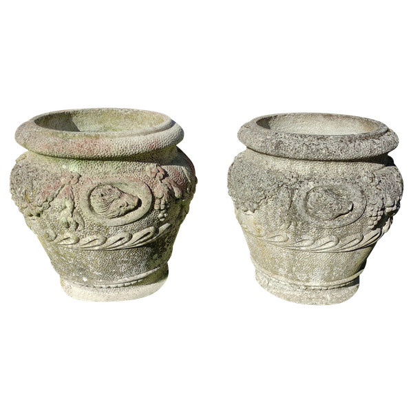 Pair of huge antique Medici cache pots in reconstituted stone