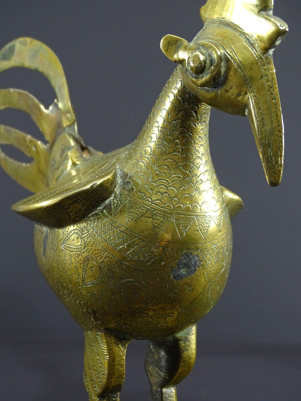 India, 19th Century, Indo-Persian Style Bronze and Brass Rooster Standing Proudly on a Base.