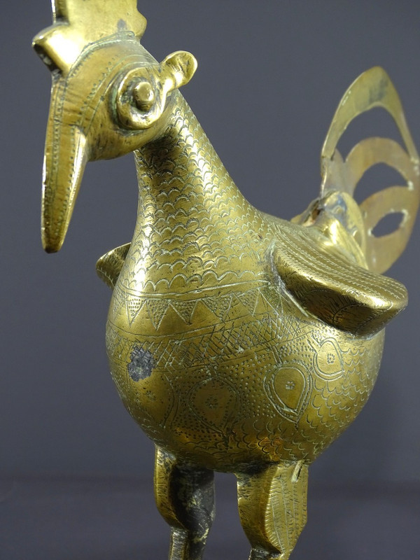 India, 19th Century, Indo-Persian Style Bronze and Brass Rooster Standing Proudly on a Base.