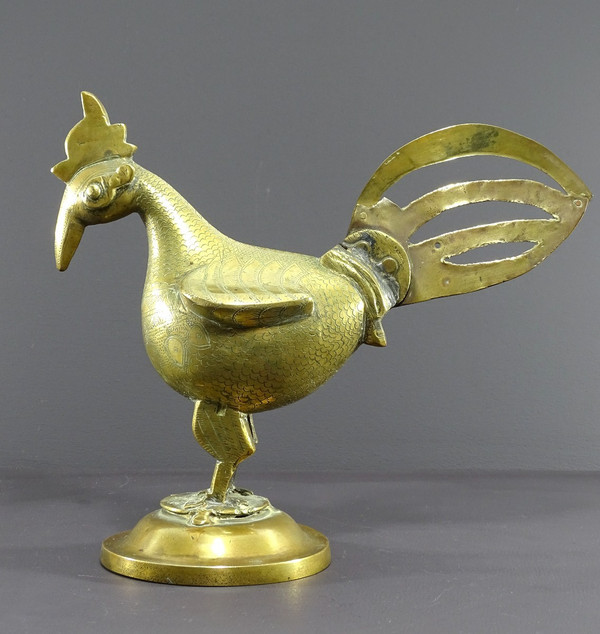 India, 19th Century, Indo-Persian Style Bronze and Brass Rooster Standing Proudly on a Base.