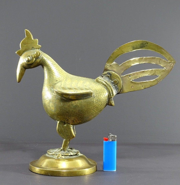 India, 19th Century, Indo-Persian Style Bronze and Brass Rooster Standing Proudly on a Base.