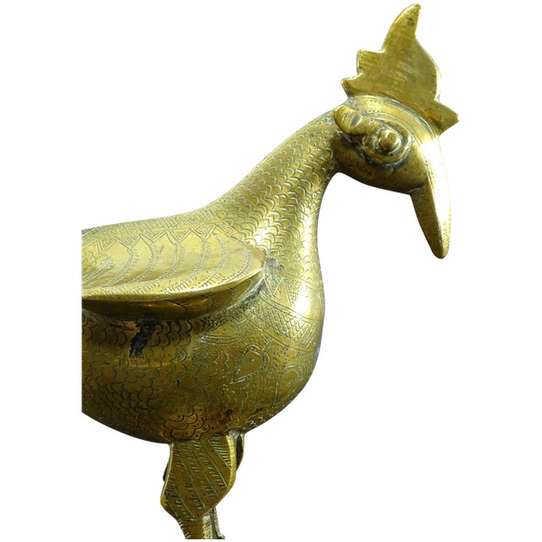 India, 19th Century, Indo-Persian Style Bronze and Brass Rooster Standing Proudly on a Base.