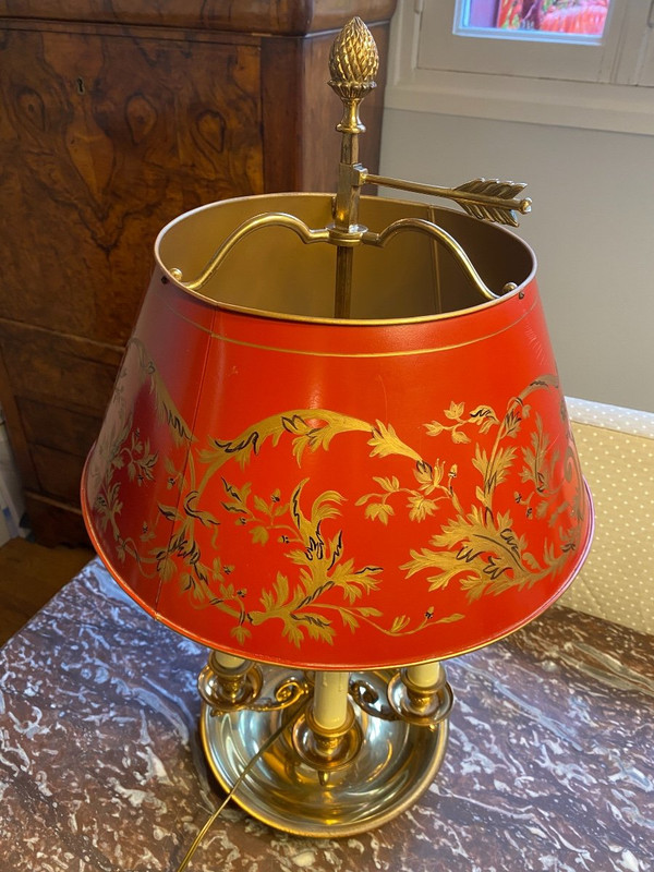 Bronze Bouillotte Lamp / Red Sheet Metal Lampshade, 6 Lights, 20th Century