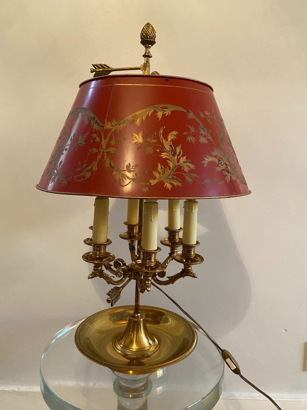 Bronze Bouillotte Lamp / Red Sheet Metal Lampshade, 6 Lights, 20th Century