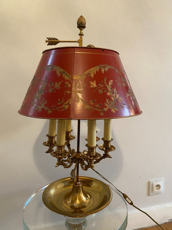 Bronze Bouillotte Lamp / Red Sheet Metal Lampshade, 6 Lights, 20th Century