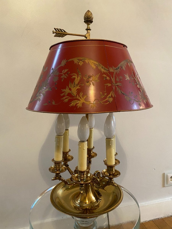 Bronze Bouillotte Lamp / Red Sheet Metal Lampshade, 6 Lights, 20th Century