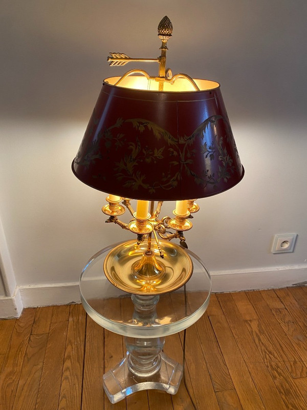 Bronze Bouillotte Lamp / Red Sheet Metal Lampshade, 6 Lights, 20th Century