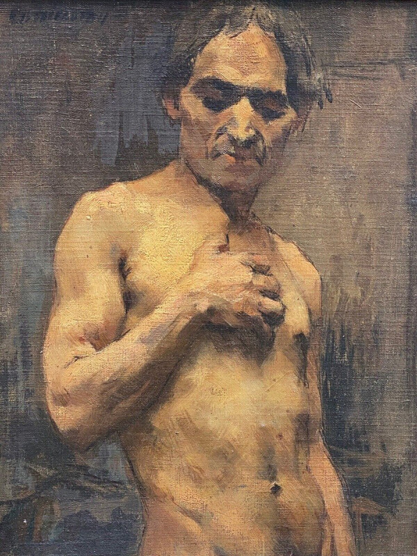 Olio su tavola di Alain Beaufreton nudo maschile accademico