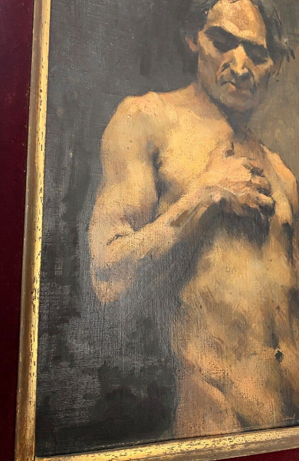 Olio su tavola di Alain Beaufreton nudo maschile accademico