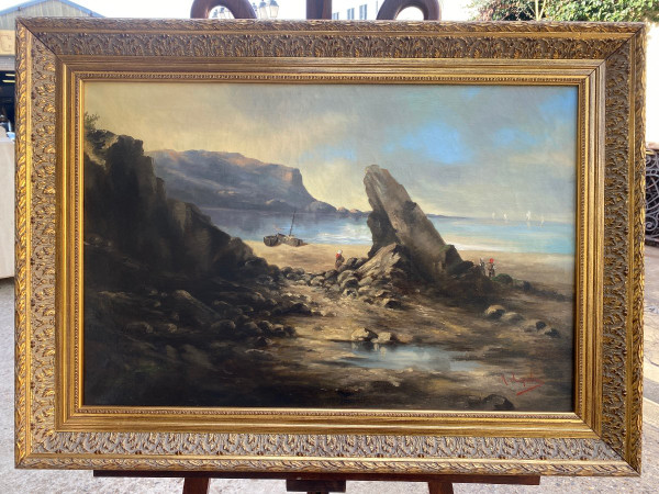 Antique Painting, Seaside Landscape Signed, Late 19th Century