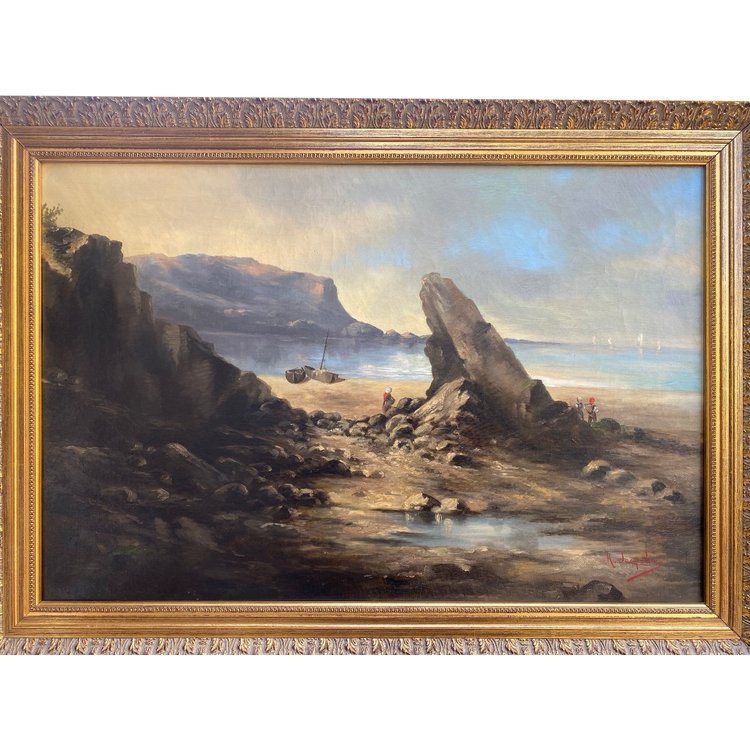 Antique Painting, Seaside Landscape Signed, Late 19th Century